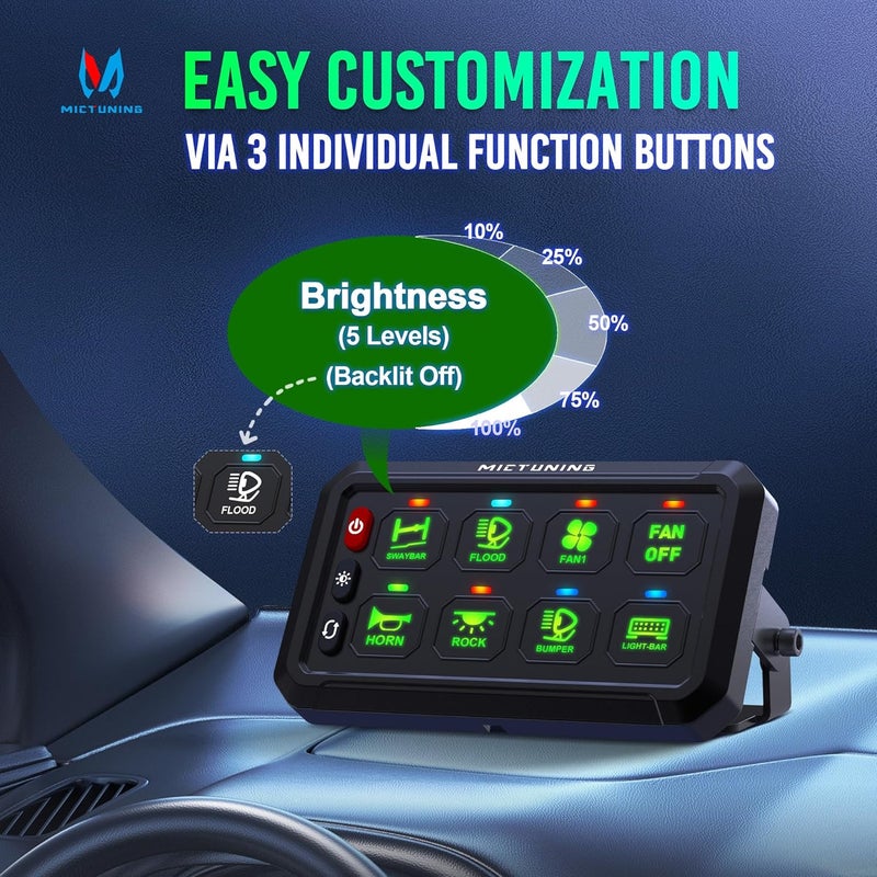 MICTUNING P1B 8 Gang Switch Panel, Toggle Touch On Off Circuit Control Relay Box Color Coded LED Indicator with Backlight Off, Multifunction System for Car Truck Off Road Marine, Green - Image 3